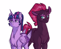 Size: 2500x2000 | Tagged: safe, artist:gigason, imported from derpibooru, tempest shadow, twilight sparkle, alicorn, pony, unicorn, broken horn, eye scar, female, mare, scar, simple background, twilight sparkle (alicorn)