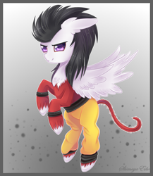 Size: 1905x2190 | Tagged: safe, artist:shimayaeiko, imported from derpibooru, oc, oc only, oc:pipe dream, pegasus, pony, chest fluff, clothes, crossover, dragon ball, dragon ball gt, fluffy, flying, long mane, male, monkey tail, super saiyan 4