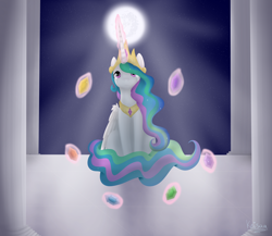 Size: 2300x2000 | Tagged: safe, artist:keisaa, imported from derpibooru, princess celestia, alicorn, pony, crown, crying, elements of harmony, female, jewelry, mare, moon, necklace, regalia, sad, solo