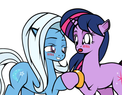 Size: 488x382 | Tagged: safe, artist:dekomaru, imported from derpibooru, trixie, twilight sparkle, pony, unicorn, tumblr:ask twixie, ask, blushing, cropped, female, lesbian, mare, ring, shipping, tumblr, twixie