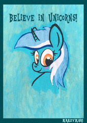 Size: 902x1280 | Tagged: safe, artist:krazykari, imported from derpibooru, lyra heartstrings, pony, unicorn, bronybait, bust, female, looking at you, portrait, poster, smiling, solo, traditional art