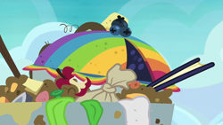 Size: 1280x720 | Tagged: safe, imported from derpibooru, screencap, secrets and pies, apple core, blueberry, food, no pony, pie, rainbow blueberry pie, trash, trash can