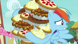 Size: 1280x720 | Tagged: safe, imported from derpibooru, screencap, rainbow dash, pegasus, pony, secrets and pies, female, food, lemon meringue pie, mare, nervous, pecan pie, pie, solo, strawberry, strawberry pie, sweat