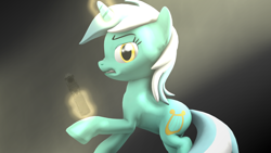 Size: 1024x576 | Tagged: safe, artist:okimichan, imported from derpibooru, lyra heartstrings, pony, unicorn, 3d, cutie mark, female, glowing horn, gun, handgun, hooves, horn, levitation, magic, mare, pistol, solo, teeth, telekinesis, weapon