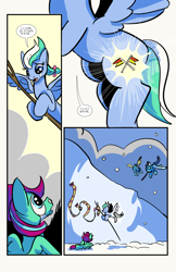 Size: 6600x10200 | Tagged: safe, artist:lytlethelemur, imported from derpibooru, soarin', oc, oc:gimbal lock, oc:rally point, pegasus, pony, comic:fly with me, littlepartycomics, absurd resolution, adventure, clothes, comic, cute, scarf, snow, tree branch, wildabeard