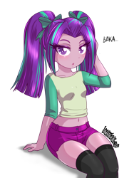 Size: 1600x2133 | Tagged: safe, artist:danmakuman, imported from derpibooru, aria blaze, equestria girls, baka, belly button, blushing, clothes, cute, female, looking at you, midriff, shorts, simple background, solo, speech bubble, talking, transparent background, tsundaria, tsundere, younger