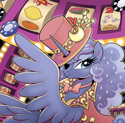 Size: 679x669 | Tagged: safe, artist:brendahickey, idw, imported from derpibooru, princess luna, alicorn, pony, spoiler:comic, bowtie, clothes, female, hat, looking at you, mare, poker chips, solo, top hat