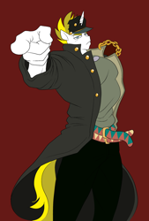 Size: 1984x2932 | Tagged: safe, artist:marauder6272, artist:pacificside18, imported from derpibooru, oc, oc only, oc:white heart, anthro, anime, belt, belts, chains, clothes, coat, costume, jojo's bizarre adventure, jotaro kujo, looking at you, not bulk biceps, pants, pointing, pointing at you, red background, simple background