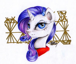 Size: 1024x870 | Tagged: safe, artist:lailyren, artist:moonlight-ki, imported from derpibooru, rarity, pony, unicorn, bust, clothes, female, looking at you, mare, solo, traditional art