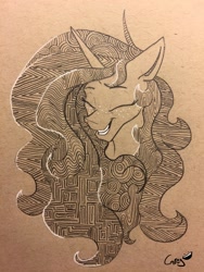 Size: 2448x3264 | Tagged: safe, alternate version, artist:greyscaleart, imported from derpibooru, part of a set, princess celestia, alicorn, pony, bust, eyes closed, female, freckles, grayscale, mare, monochrome, signature, smiling, solo, traditional art