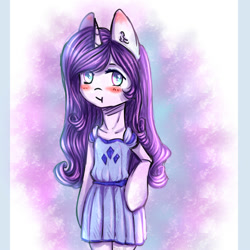 Size: 2000x2000 | Tagged: safe, artist:zefirka, imported from derpibooru, rarity, semi-anthro, unicorn, bipedal, blushing, clothes, cutie mark clothes, cutie mark on clothes, dress, female, looking at you, mare, solo
