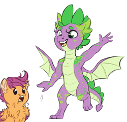 Size: 3223x3093 | Tagged: safe, artist:schokocream, imported from derpibooru, scootaloo, spike, dragon, pegasus, pony, molt down, armpits, chest fluff, female, filly, scootaloo can't fly, simple background, white background, winged spike, wings