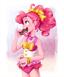 Size: 825x990 | Tagged: safe, artist:jumblehorse, deleted from derpibooru, imported from derpibooru, pinkie pie, equestria girls, equestria girls series, forgotten friendship, attached skirt, bow, bracelet, clothes, cookie cat, cute, daaaaaaaaaaaw, diapinkes, eating, female, food, frilled swimsuit, geode of sugar bombs, hair bow, jewelry, magical geodes, necklace, one-piece swimsuit, skirt, solo, steven universe, swimsuit