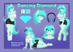 Size: 3507x2480 | Tagged: safe, artist:tatemil, imported from derpibooru, oc, oc only, oc:dancing diamond, anthro, unguligrade anthro, clothes, cute, headphones, short shirt, shorts, shy