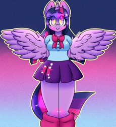 Size: 2762x3000 | Tagged: safe, artist:rainbunnybaby, deleted from derpibooru, imported from derpibooru, twilight sparkle, alicorn, anthro, blushing, clothes, cute, equestria girls outfit, female, leg warmers, looking at you, miniskirt, moe, pleated skirt, skirt, solo, thighs, twiabetes, twilight sparkle (alicorn), wingding eyes