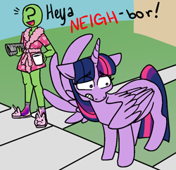 Size: 886x856 | Tagged: safe, artist:/d/non, imported from derpibooru, twilight sparkle, oc, oc:anon, alicorn, human, pony, :d, awkward, bad pun, bathrobe, clothes, coffee mug, covering, description is relevant, dialogue, duo, embarrassed, female, frown, gritted teeth, looking away, male, mare, mug, neigh, newspaper, open mouth, pun, robe, slippers, smiling, spread wings, stupid sexy anon, twilight sparkle (alicorn), wide eyes, wing hands, wings