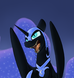 Size: 1189x1248 | Tagged: safe, artist:sinrar, imported from derpibooru, nightmare moon, alicorn, pony, fangs, female, helmet, mare, simple background, teeth, tongue out