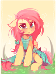 Size: 1687x2227 | Tagged: safe, artist:lispp, imported from derpibooru, fluttershy, pegasus, pony, blushing, clothes, cute, dress, female, floppy ears, folded wings, head turn, looking at you, mare, shyabetes, sitting, solo, summer, turned head