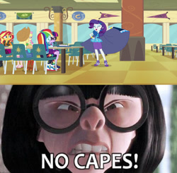 Size: 829x814 | Tagged: safe, edit, edited screencap, imported from derpibooru, screencap, rarity, best trends forever, equestria girls, equestria girls series, best trends forever: twilight sparkle, cape, clothes, edna mode, meme, no capes, the incredibles