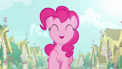 Size: 1280x720 | Tagged: safe, imported from derpibooru, screencap, pinkie pie, a friend in deed, happy, house, ponyville, smile song, smiling, trotting