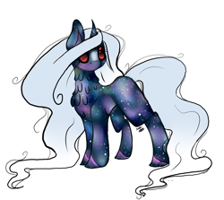 Size: 1024x914 | Tagged: safe, artist:purediamond360, imported from derpibooru, oc, oc only, oc:sheer galaxy, pony, unicorn, black sclera, chibi, female, galaxy pony, mare, neck fluff, red eyes, simple background, solo, white background