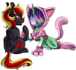 Size: 2927x2706 | Tagged: safe, artist:breioom, imported from derpibooru, oc, oc only, oc:crescent star, oc:lava berry, crystal pony, pegasus, pony, unicorn, blushing, clothes, crystal unicorn, dressup, female, grin, hoodie, hypnogear, hypnosis, hypnotized, male, mare, neko, paws, simple background, sissy, sitting, smiling, stallion, transparent background