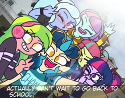 Size: 1276x998 | Tagged: safe, artist:psychodiamondstar, imported from derpibooru, indigo zap, lemon zest, sci-twi, sour sweet, sugarcoat, sunny flare, twilight sparkle, equestria girls, crystal prep shadowbolts, glasses, goggles, headphones, peace sign, shadow six