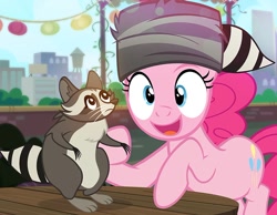 Size: 900x697 | Tagged: safe, artist:pixelkitties, imported from derpibooru, pinkie pie, softpad, raccoon, coonskin cap, hat, raccoon hat, regular show, rigby