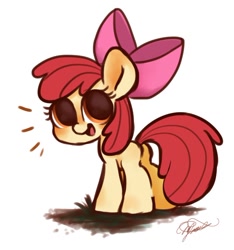Size: 726x775 | Tagged: safe, artist:oc_ponys, imported from derpibooru, apple bloom, earth pony, pony, bow, female, filly, looking back, simple background, smiling, solo