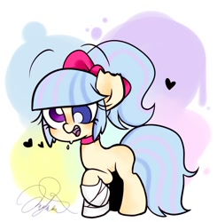 Size: 850x868 | Tagged: safe, artist:oc_ponys, imported from derpibooru, oc, oc only, earth pony, pony, abstract background, bandage, bow, choker, cross-eyed, derp, female, heart, heterochromia, mare, raised hoof, solo, torn ear