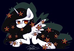 Size: 769x538 | Tagged: safe, artist:oc_ponys, imported from derpibooru, oc, oc only, alicorn, pony, alicorn oc, female, flower, flower in hair, looking at you, mare, prone, solo, stare