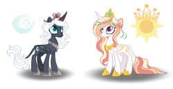 Size: 1024x530 | Tagged: safe, artist:ponycat-artist, imported from derpibooru, oc, oc only, oc:crystalline moon, oc:star sunlight, alicorn, pony, alicorn oc, colored wings, colored wingtips, cousins, female, leonine tail, mare, offspring, parent:king sombra, parent:princess celestia, parent:princess luna, parent:unnamed oc, parents:lumbra, simple background, transparent background