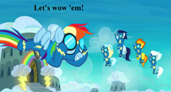 Size: 1053x567 | Tagged: safe, edit, edited screencap, imported from derpibooru, screencap, fleetfoot, misty fly, rainbow dash, soarin', spitfire, spoiler:s08, clothes, cropped, goggles, uniform, wonderbolts headquarters, wonderbolts uniform