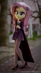 Size: 1080x1920 | Tagged: safe, artist:efk-san, imported from derpibooru, fluttershy, equestria girls, fake it 'til you make it, 3d, blender, clothes, dress, eyeshadow, female, fluttergoth, goth, high heels, makeup, pantyhose, path, scenery, shoes, skirt, solo, stockings, thigh highs, tree