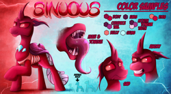 Size: 3800x2100 | Tagged: safe, artist:jamescorck, imported from derpibooru, oc, oc:sinuous, changedling, changeling, angry, changedling oc, changeling oc, female, happy, long tongue, reference sheet, sad, tongue out