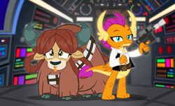 Size: 1100x665 | Tagged: safe, artist:pixelkitties, imported from derpibooru, smolder, yona, dragon, yak, school daze, bandolier, blaster, chewbacca, clothes, cloven hooves, cosplay, costume, crossover, dragoness, duo, female, han solo, may the fourth be with you, smiling, star wars, weapon