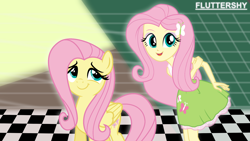 Size: 1920x1080 | Tagged: safe, artist:osipush, edit, editor:grapefruitface, imported from derpibooru, fluttershy, pony, equestria girls, 1920x1080, abstract background, duo, human ponidox, self ponidox, wallpaper