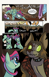 Size: 1024x1583 | Tagged: safe, artist:lytlethelemur, imported from derpibooru, applejack, oc, oc:gimbal lock, oc:mutt, diamond dog, pegasus, pony, comic:on the job with gimbal lock, littlepartycomics, bone, cave, comic, crystal, roleplaying is magic