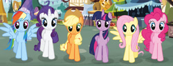Size: 2990x1147 | Tagged: safe, imported from derpibooru, applejack, fluttershy, pinkie pie, rainbow dash, rarity, twilight sparkle, alicorn, ultimate guide, mane six, official, ponyville, spread wings, twilight sparkle (alicorn), wings