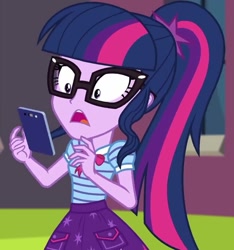 Size: 674x720 | Tagged: safe, imported from derpibooru, screencap, sci-twi, twilight sparkle, equestria girls, equestria girls series, text support, cellphone, cropped, female, phone, shocked, shrunken pupils, smartphone, solo