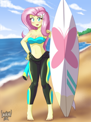 Size: 2625x3500 | Tagged: safe, artist:danmakuman, imported from derpibooru, fluttershy, blue crushed, equestria girls, equestria girls series, adorasexy, bandeau, barefoot, beach, belly button, bikini, bikini top, breasts, busty fluttershy, cleavage, clothes, commission, cute, feet, female, fluttershy's wetsuit, looking at you, ocean, open mouth, sand, sexy, shyabetes, solo, surfboard, swimsuit, undressing, wetsuit