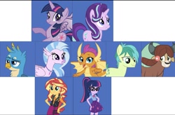 Size: 1765x1157 | Tagged: safe, editor:php77, imported from derpibooru, gallus, sandbar, sci-twi, silverstream, smolder, starlight glimmer, sunset shimmer, twilight sparkle, yona, alicorn, classical hippogriff, griffon, hippogriff, equestria girls, equestria girls series, school daze, cardboard twilight, looking at you, stock vector, twilight sparkle (alicorn)