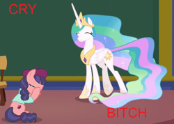 Size: 828x590 | Tagged: safe, edit, edited screencap, imported from derpibooru, screencap, princess celestia, raspberry beret, alicorn, earth pony, pony, horse play, season 8, spoiler:s08, cropped, cry bitch, crying, happy, meme, princess, sad, smiling, vulgar