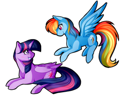 Size: 1431x1152 | Tagged: safe, artist:uunicornicc, imported from derpibooru, rainbow dash, twilight sparkle, alicorn, pegasus, pony, backwards cutie mark, blushing, couple, female, flying, lesbian, looking at each other, mare, shipping, simple background, transparent background, twidash, twilight sparkle (alicorn)