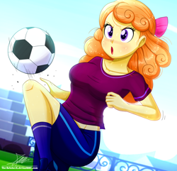 Size: 1160x1120 | Tagged: safe, artist:the-butch-x, imported from derpibooru, orange sherbette, equestria girls, background human, clothes, female, football, open mouth, questionable source, solo, sports, sports training x, sweat