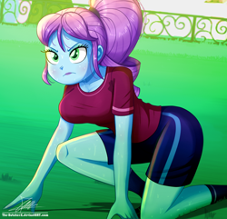 Size: 1160x1120 | Tagged: safe, artist:the-butch-x, imported from derpibooru, crystal lullaby, equestria girls, background human, clothes, female, frown, questionable source, solo, sports training x, sweat