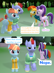 Size: 1602x2160 | Tagged: safe, artist:red4567, derpibooru exclusive, imported from derpibooru, bow hothoof, starlight glimmer, sunburst, windy whistles, pegasus, pony, unicorn, parental glideance, the parent map, 3d, comic, familiar, female, male, mare, source filmmaker, stallion