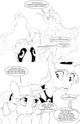 Size: 1980x3060 | Tagged: safe, artist:silfoe, imported from derpibooru, princess celestia, princess luna, twilight sparkle, alicorn, pony, royal sketchbook, alicorn triarchy, black and white, both cutie marks, comic, crowd, dialogue, female, grayscale, lesbian, mare, monochrome, rear view, royal sisters, shipping, simple background, speech, speech bubble, twilight sparkle (alicorn), twiluna, white background