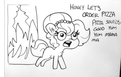 Size: 1920x1210 | Tagged: safe, artist:tjpones, imported from derpibooru, oc, oc only, oc:brownie bun, earth pony, pony, horse wife, black and white, chest fluff, dialogue, ear fluff, female, fire, food, grayscale, i have failed the dins, ink drawing, lineart, mare, monochrome, pizza, pizza time, simple background, solo, this ended in fire, this is fine, this will end in death, this will end in pizza time, this will end in tears and/or death, traditional art, white background, xk-class end-of-the-kitchen scenario