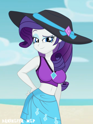 Size: 1024x1352 | Tagged: safe, artist:danielitamlp, imported from derpibooru, rarity, equestria girls, equestria girls series, beach, beach babe, beautiful, belly button, bikini, breasts, busty rarity, cleavage, clothes, cute, female, hat, looking at you, midriff, ocean, raised eyebrow, rarity's blue sarong, rarity's purple bikini, sarong, sassy, solo, sun hat, swimsuit